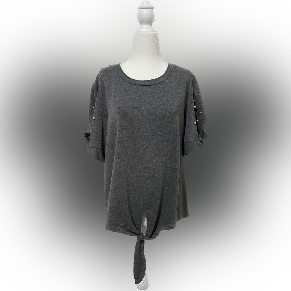 X-Large Gray White Pearl Embellished Scrunched Short Sleeve T-Shirt Tie Bottom